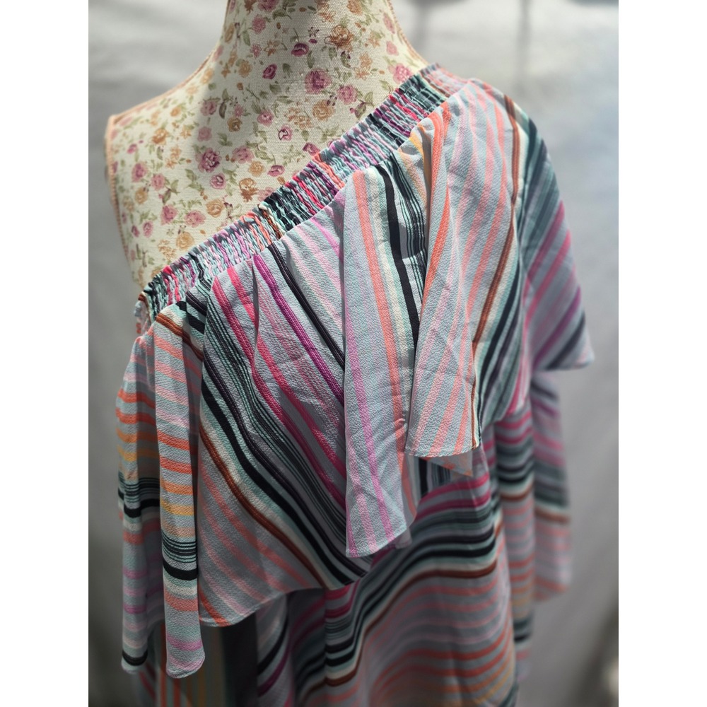 Anthropologie Striped One Shoulder Ruffle Tiered Maxi Dress Multi Color Boho - Picture 6 of 9